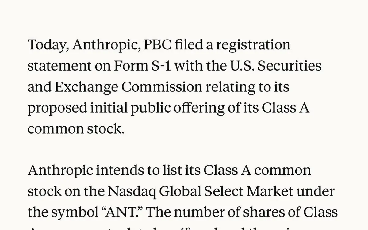 Anthropic files to go public on Nasdaq under the ticker ANT