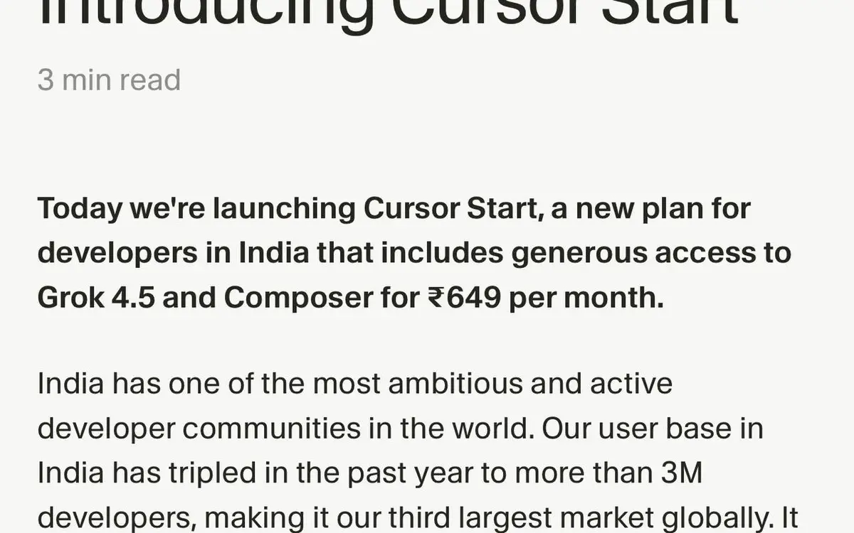 Cursor goes local in India with a ₹649 plan — a third of Pro