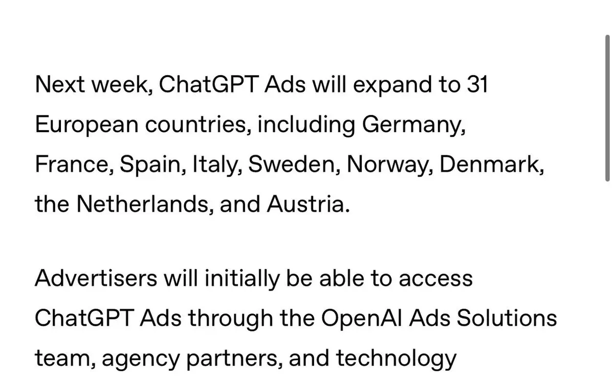 ChatGPT ads land in 31 European markets on August 24