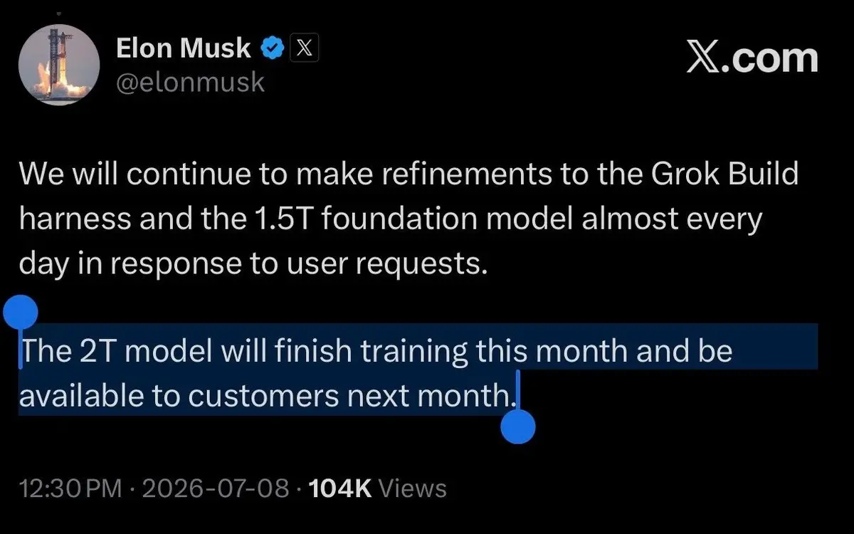 Musk: 2T-parameter Grok finishes training this month, ships in August
