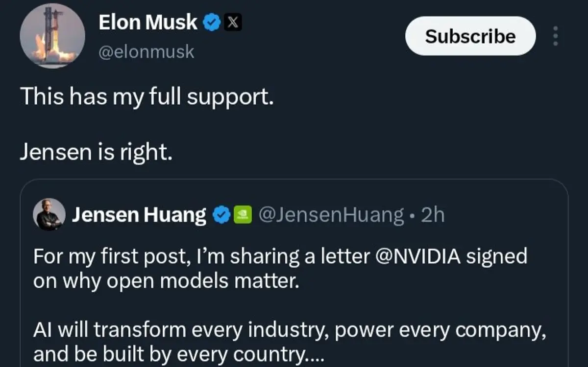 Jensen Huang goes to bat for open-weight AI, Musk cheers