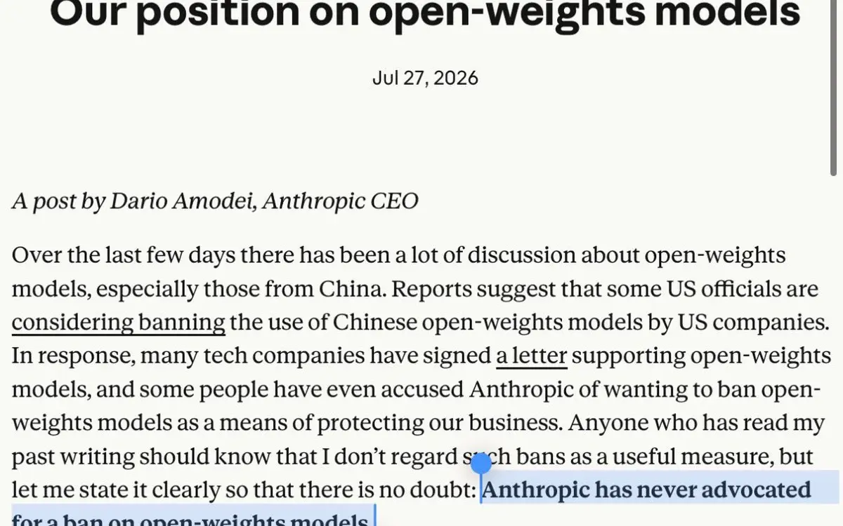 Amodei: We never asked to ban open weights — just test them